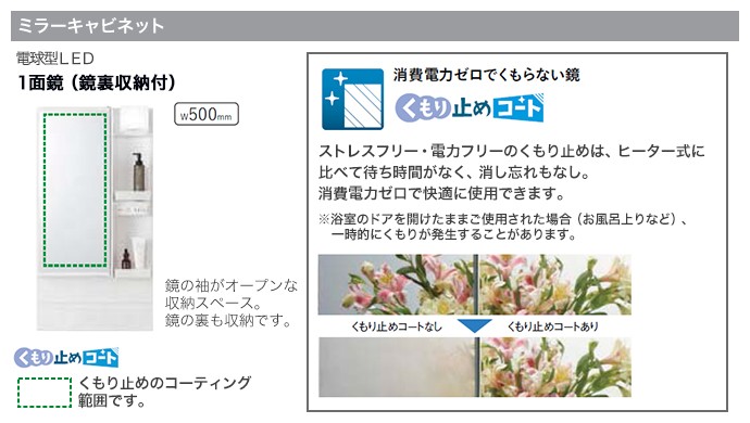 洗面化粧台 ピアラ 1面鏡 500mm 電球型LED照明 くもり止めコート選択