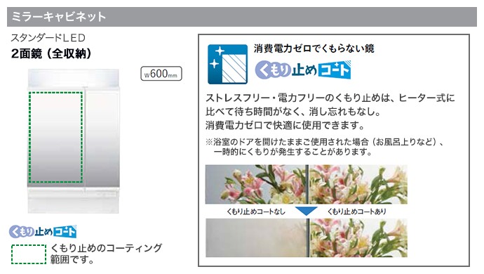 洗面化粧台 ピアラ 2面鏡 600mm LED照明 くもり止めコート選択可能 扉