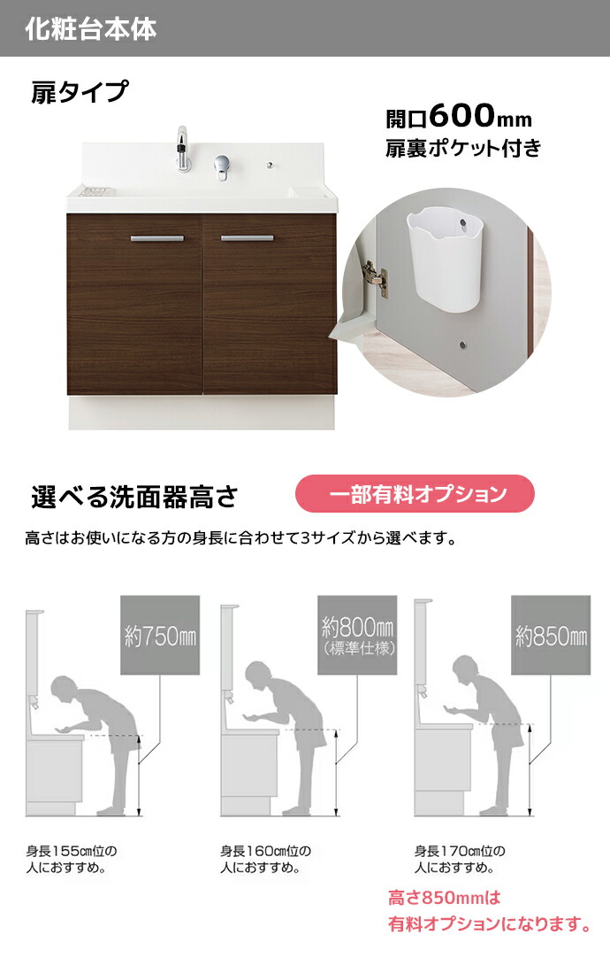 ピアラ LIXIL 洗面台 600幅 扉タイプ 1面鏡スタンダードLED照明 高さ