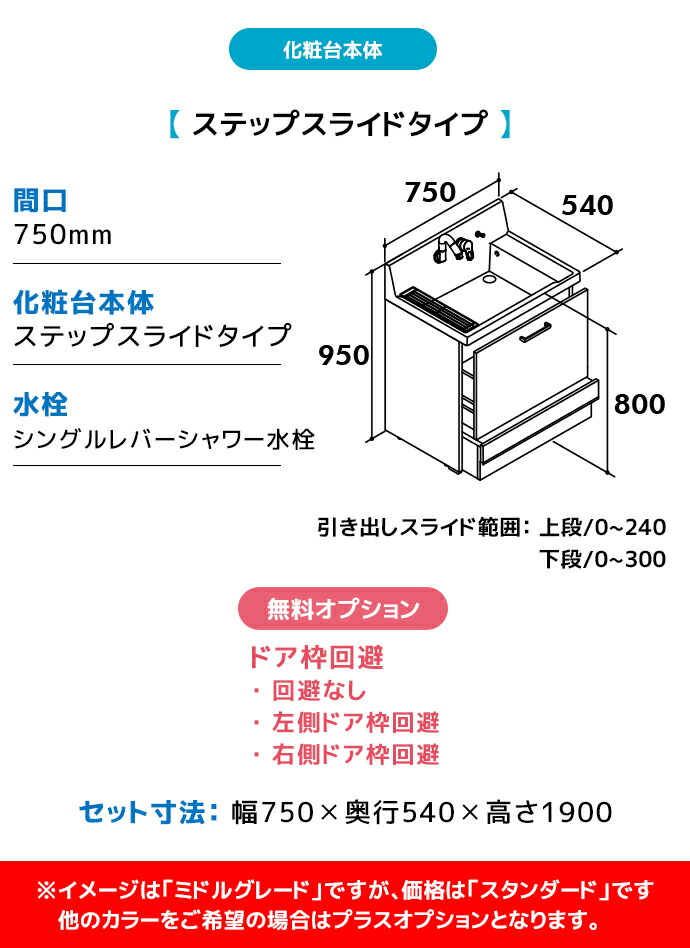 ピアラ LIXIL 洗面台 750幅 ステップスライドタイプ 3面鏡スマート