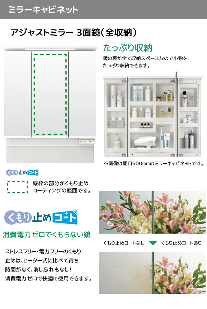 ピアラ LIXIL 洗面台 750幅 扉タイプ アジャストミラー3面鏡LED 全収納