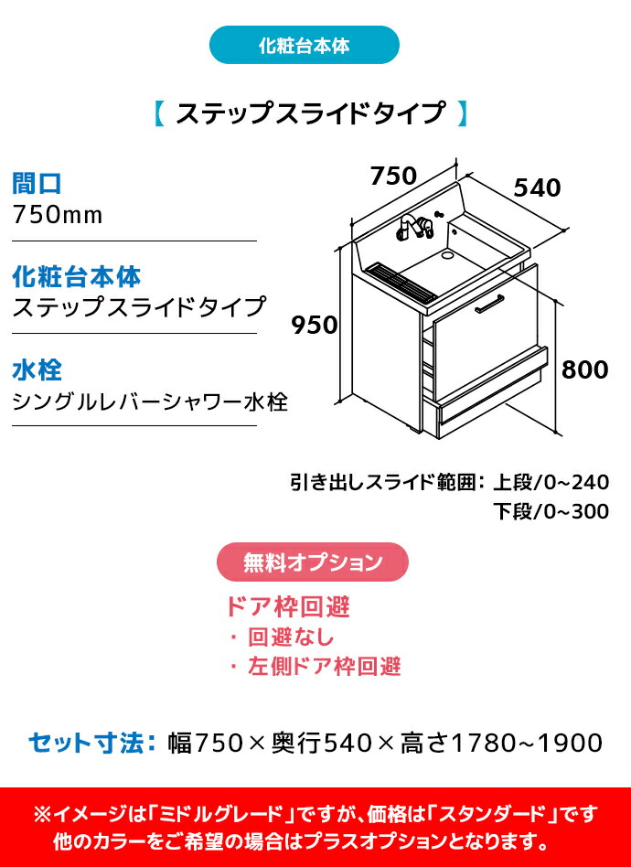 ピアラ LIXIL 洗面台 750幅 ステップスライドタイプ アジャストミラー3