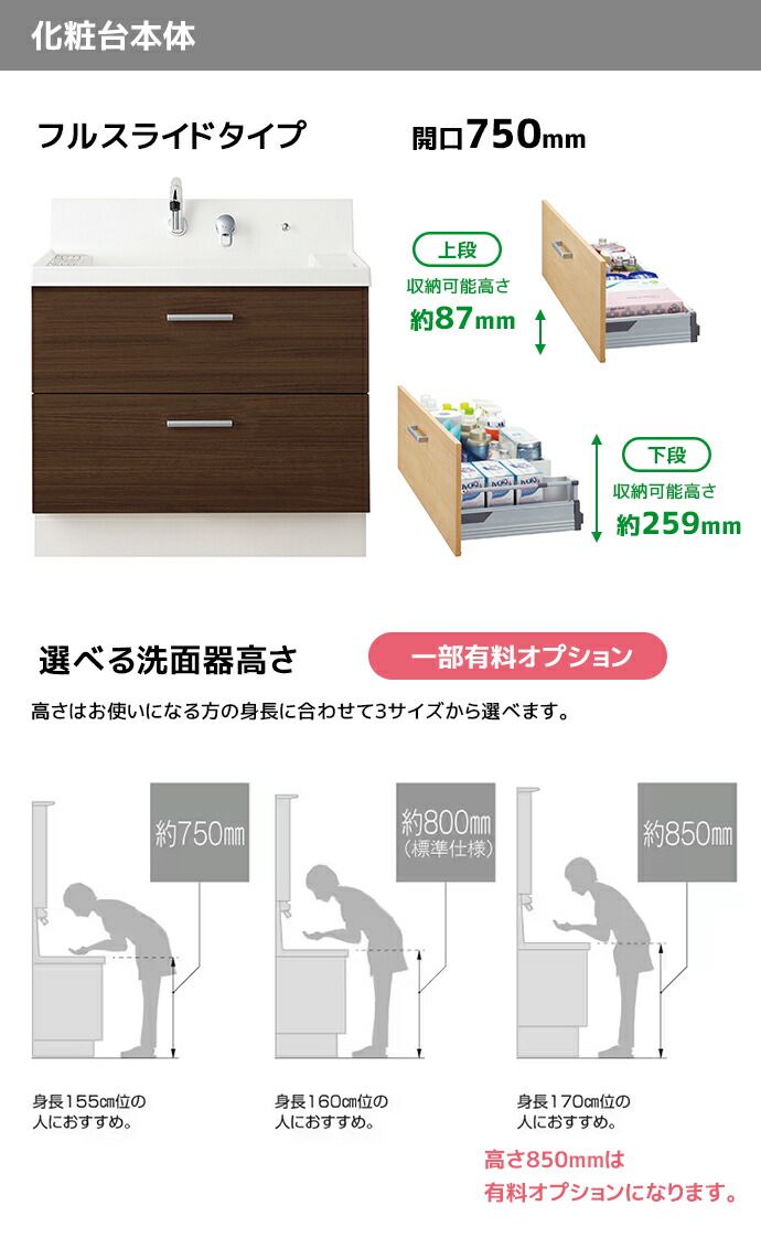 【お取引決まりました】鏡台 アサヒ衛陶 【公式店】洗面台 750幅 2段引き出し 2枚扉 三面鏡
