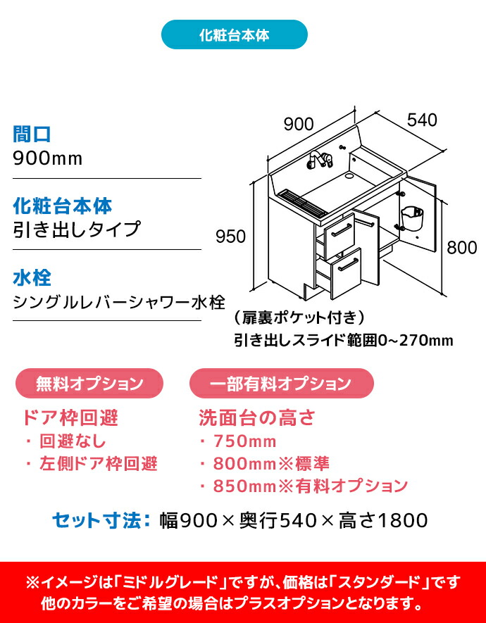ピアラ LIXIL 洗面台 900幅 引き出しタイプ木枠付き1面鏡 高さ1800mm 
