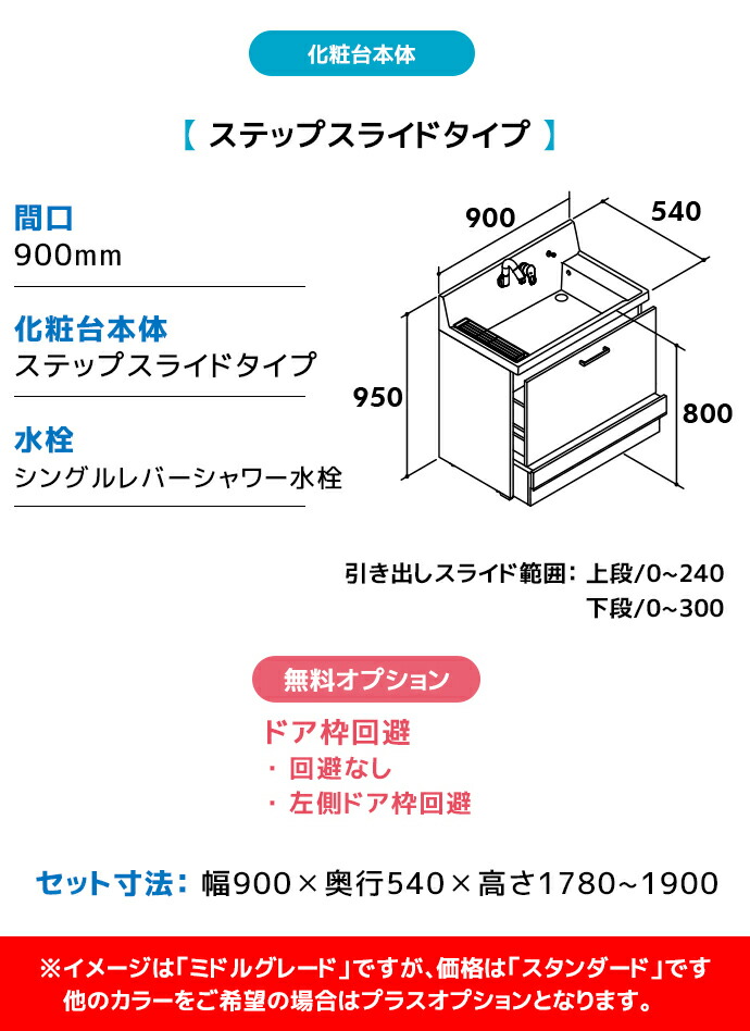 ピアラ LIXIL 洗面台 900幅 ステップスライドタイプ アジャストミラー3