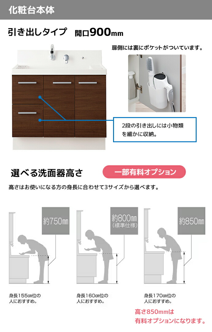 ピアラ LIXIL 洗面台 900幅 引き出しタイプ 3面鏡スリムLED照明 高さ