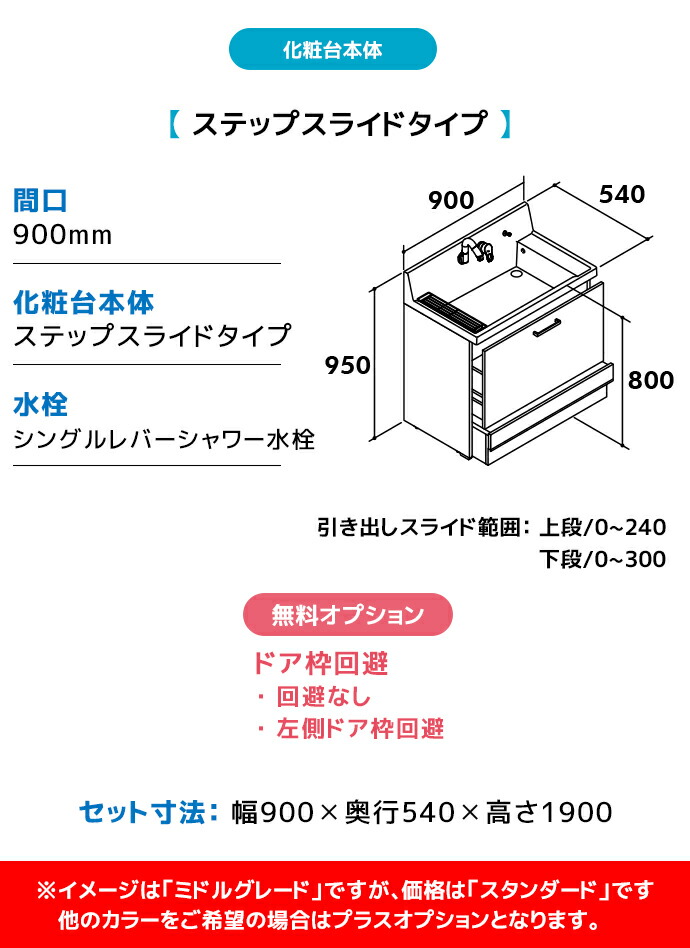ピアラ LIXIL 洗面台 900幅 ステップスライドタイプ 3面鏡スリムLED 全