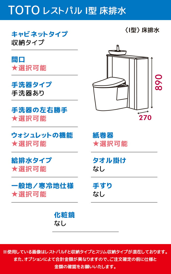 レストパル TOTO 収納タイプ I型 床排水 ウォシュレット 手洗器あり