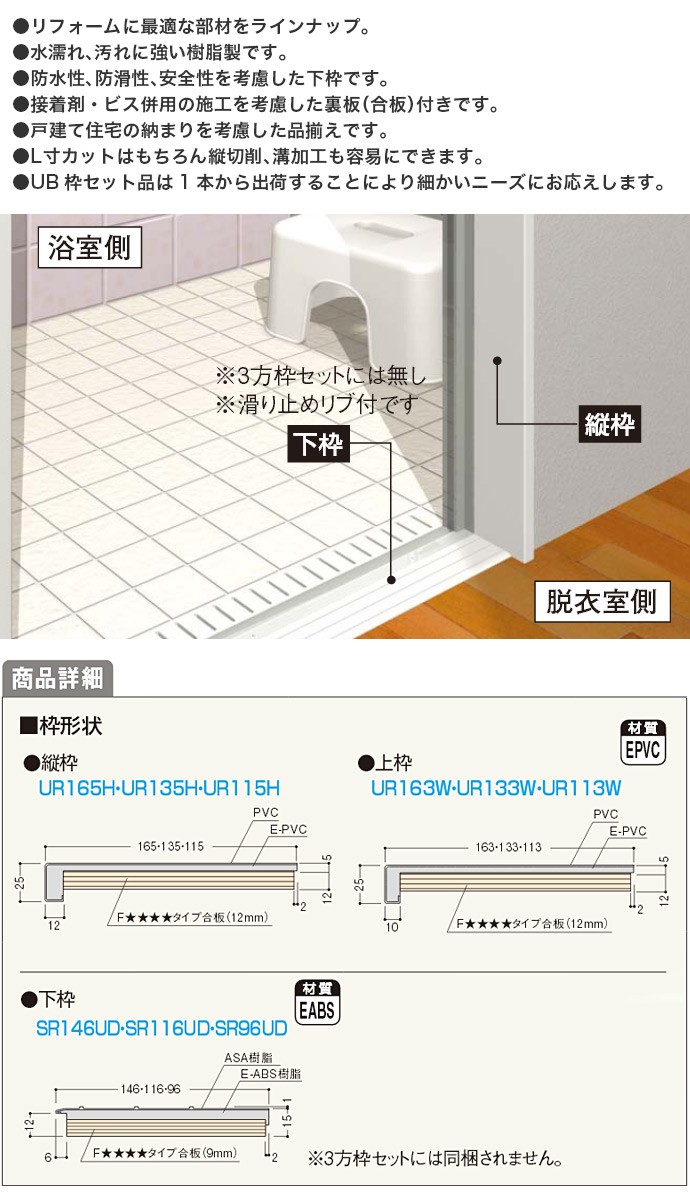 フクビ 樹脂製開口枠 開戸 3方枠Hセット UR□□D23 リフォーム 浴室