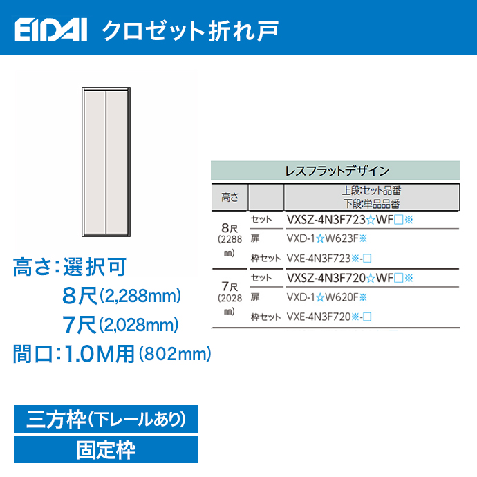 クローゼットドア 折れ戸 間口1m用 802mm 高さ選択可 8尺/7尺 永大産業 クロゼット 三方枠 下レールあり : vxsz-3n3f7 :  じゅうせつひるず.com - 通販 - Yahoo!ショッピング