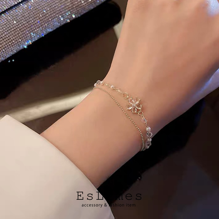 ブレスレット レディース 2連 ボールチェーン お花 フラワー 水晶