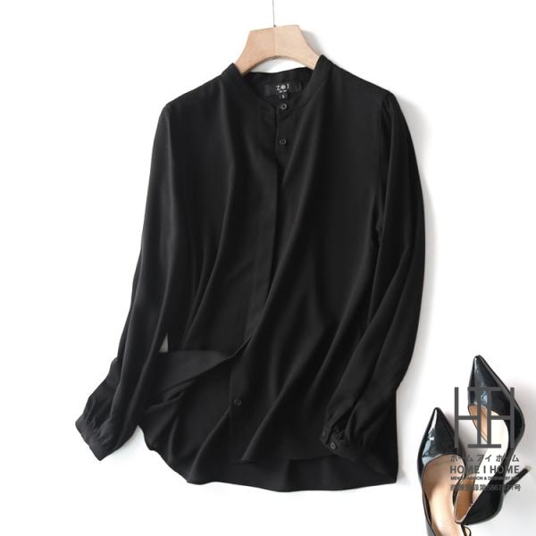 OL ビジネス対応 バンドカラー 長袖シャツ 女性 シンプル スッキリ 隠し式ボタン 黒 S