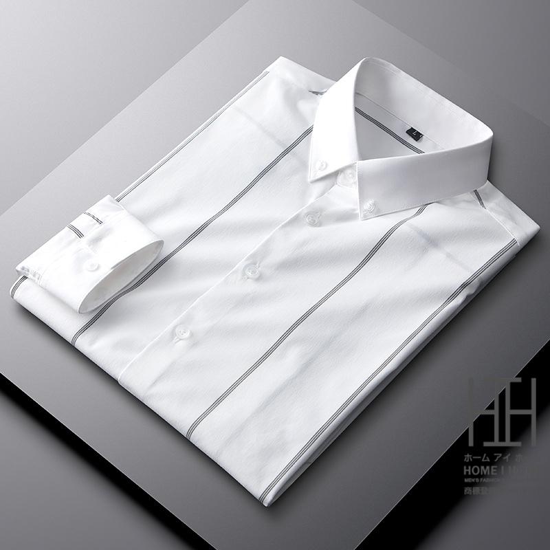 ボタンダウンシャツ ワイシャツ メンズ 長袖 ストライプシャツ 白シャツ スリム ストレッチ 柔らかい ノーアイロン 形態安定 上質 ビジネス スタイリッシュ｜justmode｜02