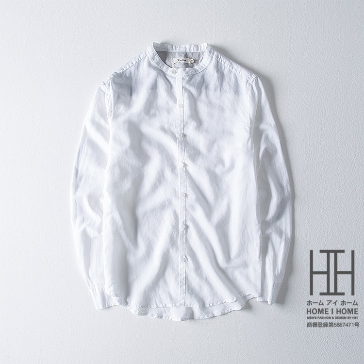 カジュアルシャツ リネンシャツ メンズ バンドカラー 長袖 大きいサイズ 白 リネン コットン