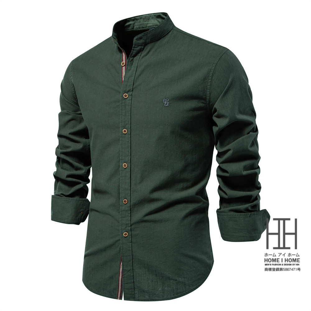 シャツ メンズ 長袖 リネン風 綿 バンドカラーシャツ おしゃれ 大きい ゆったり ビジネス スタンドカラー カジュアルシャツ メンズシャツ ライン ワンポイント | ホームアイホーム | 06