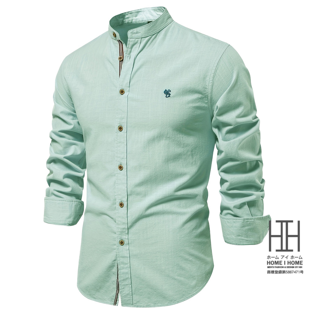 シャツ メンズ 長袖 リネン風 綿 バンドカラーシャツ おしゃれ 大きい ゆったり ビジネス スタンドカラー カジュアルシャツ メンズシャツ ライン ワンポイント | ホームアイホーム | 05