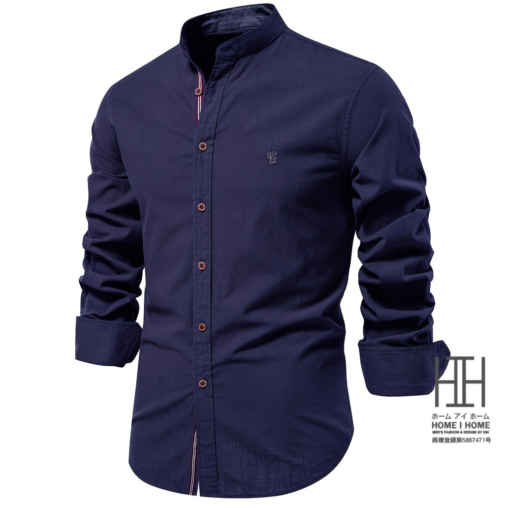 シャツ メンズ 長袖 リネン風 綿 バンドカラーシャツ おしゃれ 大きい ゆったり ビジネス スタンドカラー カジュアルシャツ メンズシャツ ライン ワンポイント | ホームアイホーム | 07