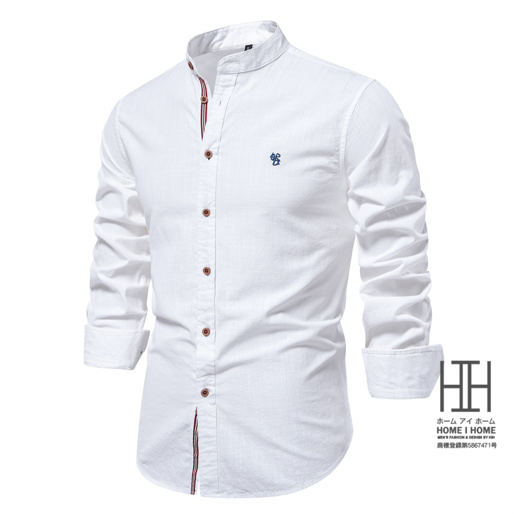 シャツ メンズ 長袖 リネン風 綿 バンドカラーシャツ おしゃれ 大きい ゆったり ビジネス スタンドカラー カジュアルシャツ メンズシャツ ライン ワンポイント | ホームアイホーム | 01