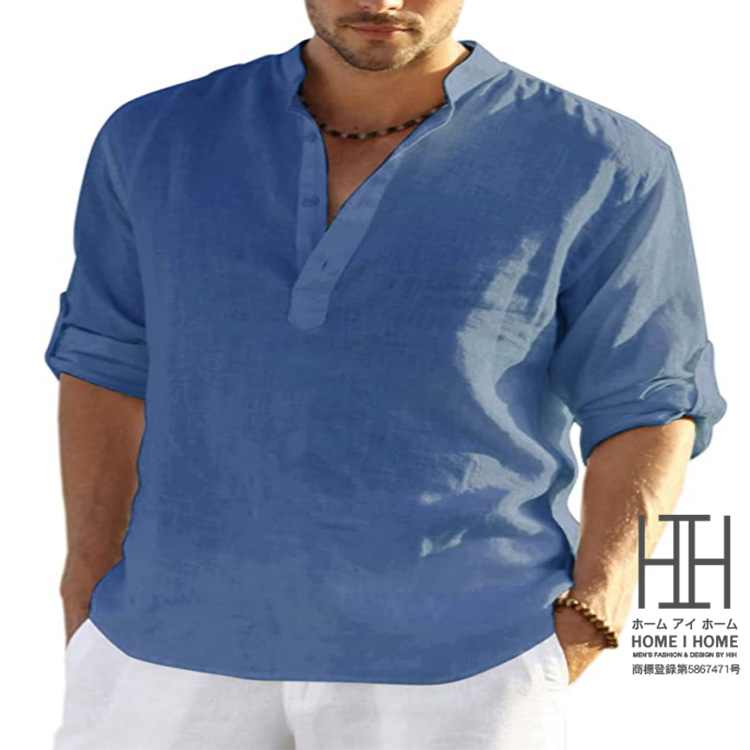 シャツ メンズ ワークシャツ カジュアルシャツ バンドカラーシャツ リネンシャツ 白シャツ メンズ 長袖 ヘンリーネック スタンドカラー 多色 シンプル｜justmode｜10