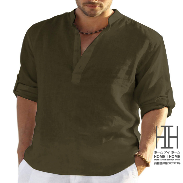 シャツ メンズ ワークシャツ カジュアルシャツ バンドカラーシャツ リネンシャツ 白シャツ メンズ 長袖 ヘンリーネック スタンドカラー 多色 シンプル｜justmode｜06