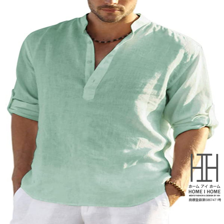 シャツ メンズ ワークシャツ カジュアルシャツ バンドカラーシャツ リネンシャツ 白シャツ メンズ 長袖 ヘンリーネック スタンドカラー 多色 シンプル｜justmode｜05