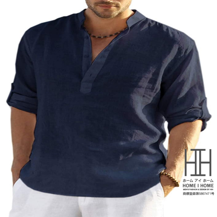 シャツ メンズ ワークシャツ カジュアルシャツ バンドカラーシャツ リネンシャツ 白シャツ メンズ 長袖 ヘンリーネック スタンドカラー 多色 シンプル｜justmode｜11