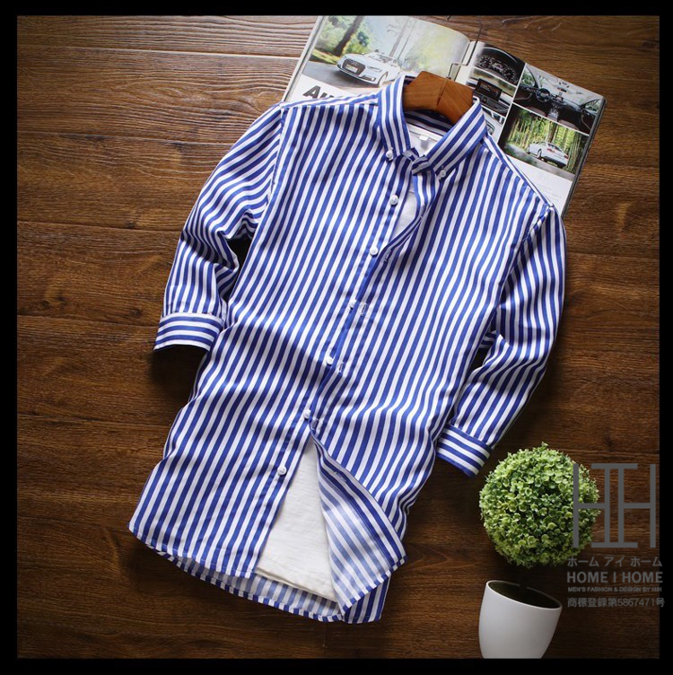 2枚目半額 セール カジュアルシャツ ストライプシャツ メンズ 七分袖 ボタンダウンシャツ ストライプ柄 カジュアル 薄手 形態安定加工 スリム 春夏 | ホームアイホーム | 04