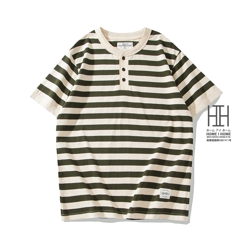 tシャツ メンズ 半袖 ヘンリーネックTシャツ ミリタリーシャツ メンズ インナー 半袖Tシャツ ヘビーウェイト ボーダー柄 おしゃれ 綿 100 柔らかい アメカジ | ホームアイホーム | 01