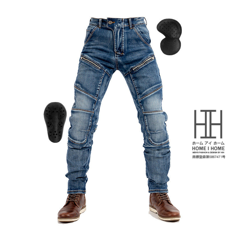 膝パッド装備 バイクパンツ 耐磨 デニムパンツ 保護 アウトドア ストレッチ メンズ ユーズド加工 バイクウェア バイク用 ライダーパンツ春 夏 秋服 冬服_1