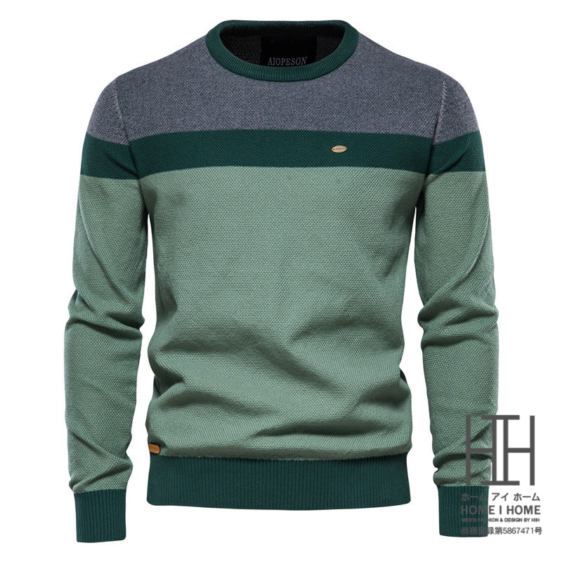 ニットセーター メンズ クルーネック セーター 丸首 長袖 切り替え おしゃれ ニット 春 秋 冬 柔らかい 格好いい 暖かい 国産