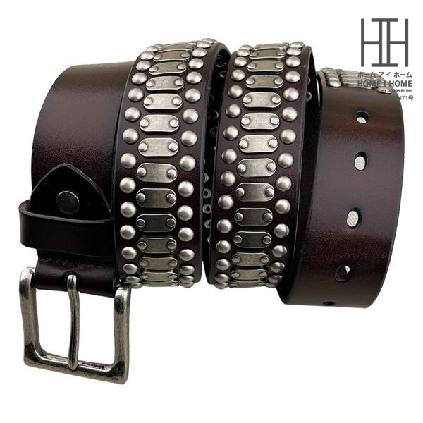 本革　スタッズ　ビンテージレザーベルト Vintage Leather】フラワーデザインスタッズ・ヴィンテージ