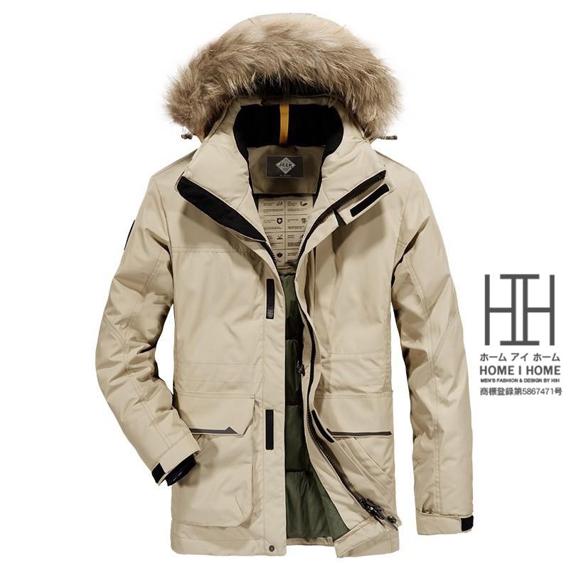 ダウンジャケット　メンズ　脱着式ファー　フード取り外し可能　暖かい　防寒　ミディアム丈　冬物　新作