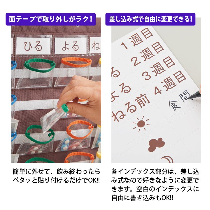 お薬カレンダー 収納 管理 保管 整理 見やすい 誤飲防止 飲み忘れ防止 着脱式 ポケット 一週間分