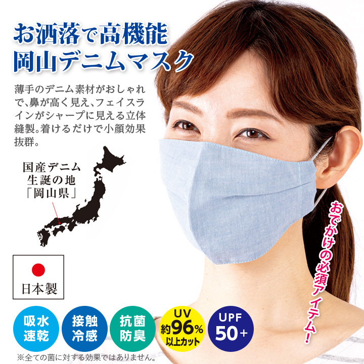 国産岡山デニムの小顔マスク2枚入 衛生用品 立体マスク 感染予防 UV