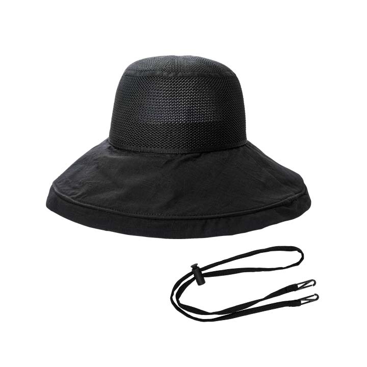 UV帽子 紫外線カット UPF50+ Q-MAX 接触冷感 メッシュ素材 通気性 アレンジ自在 ボーン ストラップ付 折りたためる UV＆クールつば広メッシュ帽子｜justpartner｜02