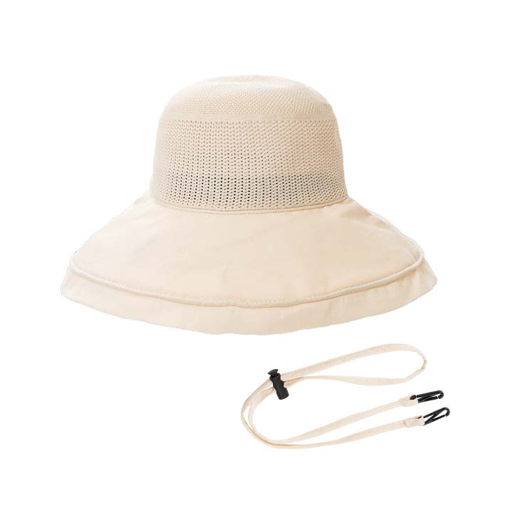 UV帽子 紫外線カット UPF50+ Q-MAX 接触冷感 メッシュ素材 通気性 アレンジ自在 ボーン ストラップ付 折りたためる UV＆クールつば広メッシュ帽子｜justpartner｜03