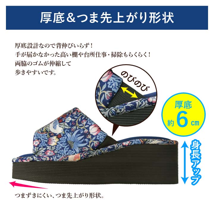 厚底スリッパ 前あき モリス いちご泥棒柄 身長アップ 背伸び要らず 鳥 花 植物