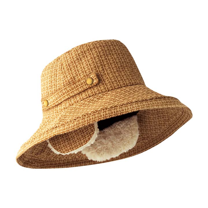 ハット バケットハット 耳当て レディース ボア ツイード生地 あったか