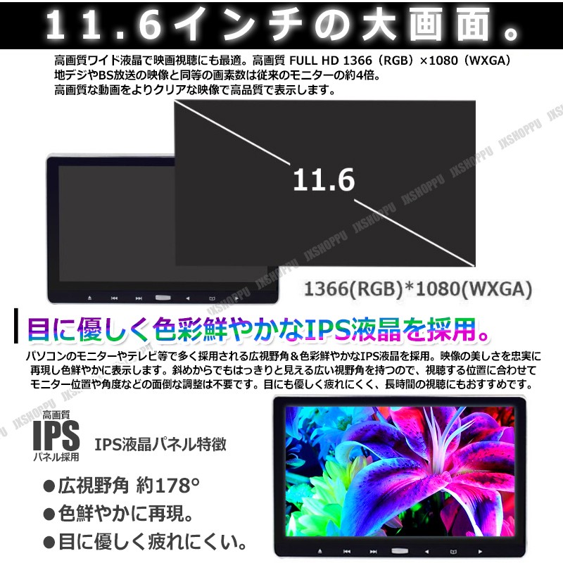 車載 11.6インチ ヘッドレストモニター スロットイン DVDプレーヤー