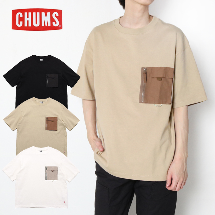 CHUMS チャムス ヘビーウエイト ジップ ポケット Tシャツ CH01-2358  メンズ 半袖 tシャツ ブラック ホワイト グレージュ 春 夏｜jxt-style