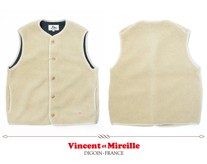 ボアベスト メンズ ノーカラー ヴァンソン エ ミレイユ Vincent et Mireille ブランド ボア 軽い 定番 静電気防止 グレー ベージュ ブラック ロゴ ワンポイント VM252BL25040 プレゼント VINCENT ET MIREILLE（ヴァンソン エ ミレイユ） ボアベスト メンズ