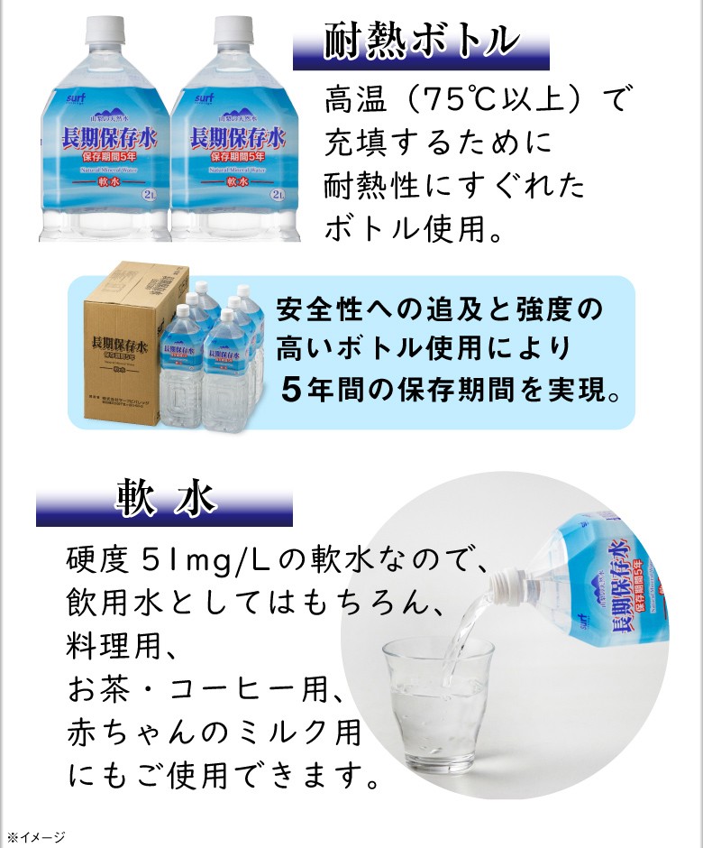 激安商品 長期保存水 5年保存 2L×60本 6本×10ケース サーフビバレッジ 防災 災害用 非常用備蓄水 2000ml ミネラルウォーター 軟水  ペットボトル 21 fucoa.cl