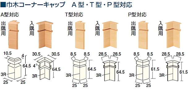巾木コーナーキャップ（出隅用・入隅用）A型対応/T型対応/P型対応