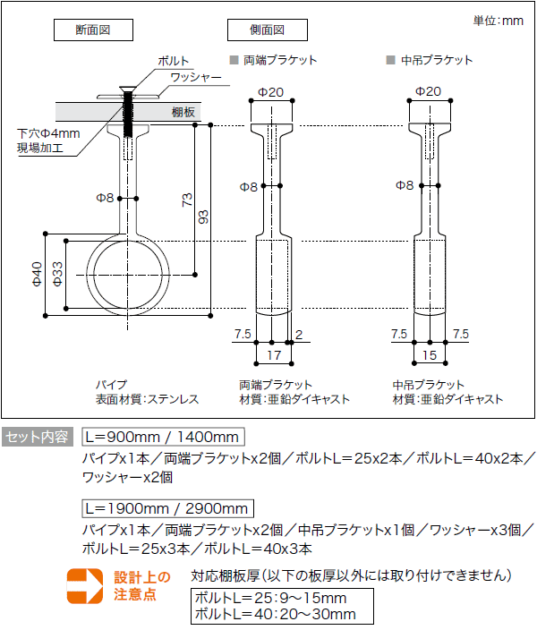 パイプセットC 上吊 Φ32 長さ2900 HPC-B32-2900 南海プライウッド