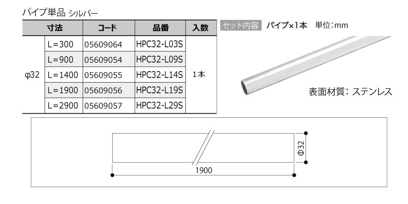 パイプ単品 棚収納パーツ HPC32-L19S 1900mm 南海プライウッド NANKAI