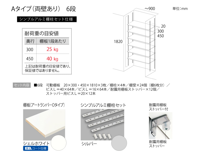 可動棚板セット Aタイプ(両壁あり) 6段D300 南海プライウッド NANKAI