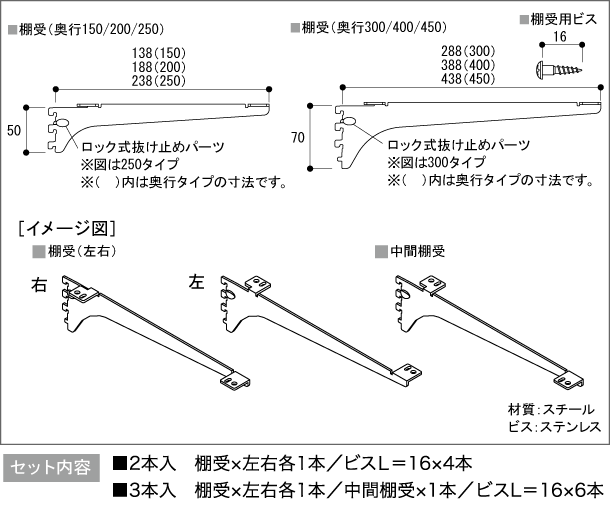 棚受 木質棚板用 アームハング棚柱SS対応 2本入 SSブラック 奥行タイプ
