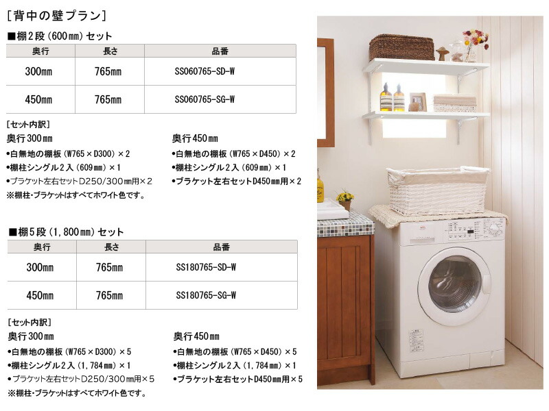 背中の壁プラン 奥行300 棚2段 600mmセット 厚み20mm ホワイト 仕上げ