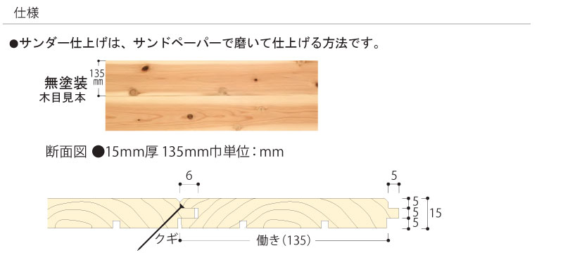 杉 本実加工 無塗装 埋木 サンダー仕上げ 3950×135×15mm 6枚入 UY5521