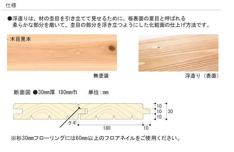 杉 フローリング(30mm) 無塗装 浮造り 3950×180×30mm 1枚入 VS7311-UZ